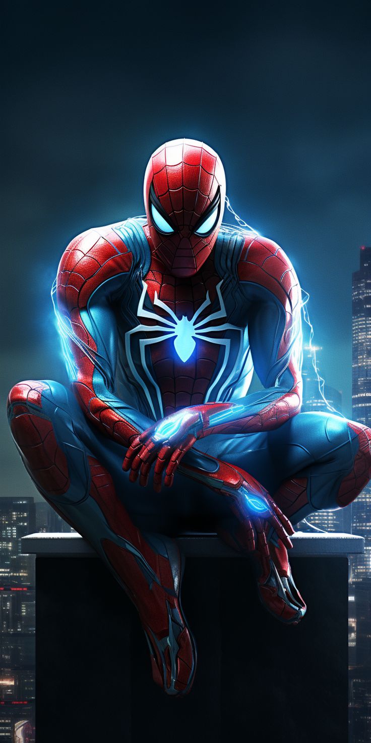 the amazing spider - man is sitting on top of a building with his hands in his pockets