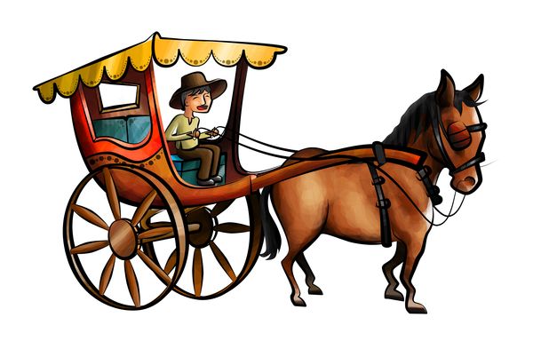 a drawing of a horse drawn carriage with a man sitting in the driver's seat