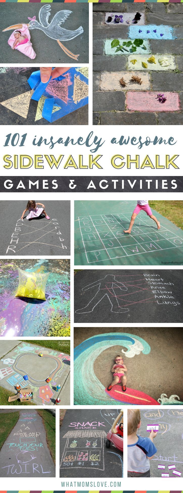 sidewalk chalk games and activities for kids to play with in the park or on the lawn