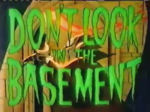 the title for don't look into the basement, written in green on a black background