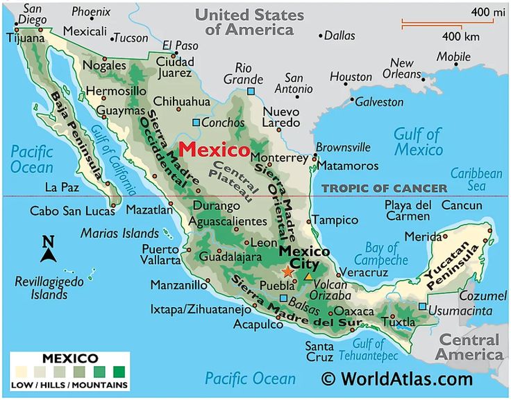 a map of mexico with the capital and major cities on it's borders,