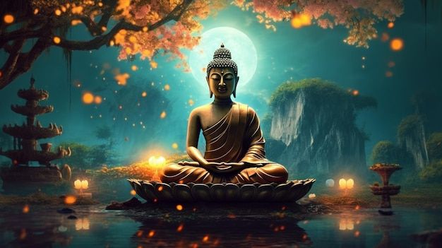 a buddha statue sitting on top of a body of water surrounded by trees and floating candles