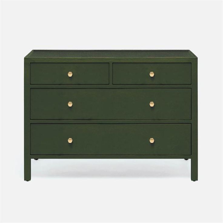 a green chest of drawers with gold knobs on the top and bottom, against a white background