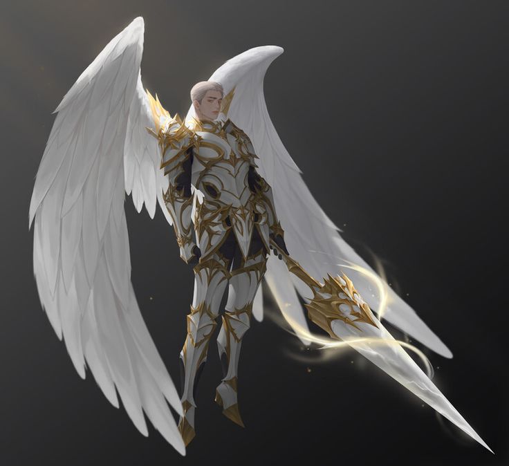 an angel with white wings and gold accents