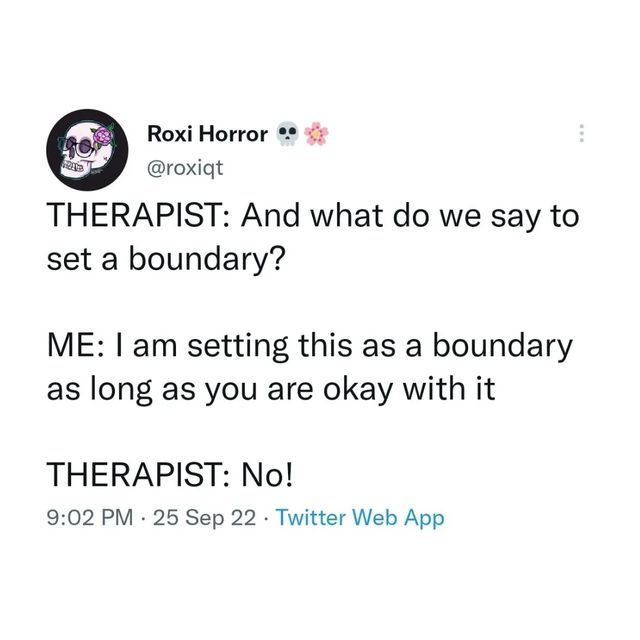 two tweets are shown with the caption that reads,'therapy and what do we say to set a boundary? me i am setting this as a