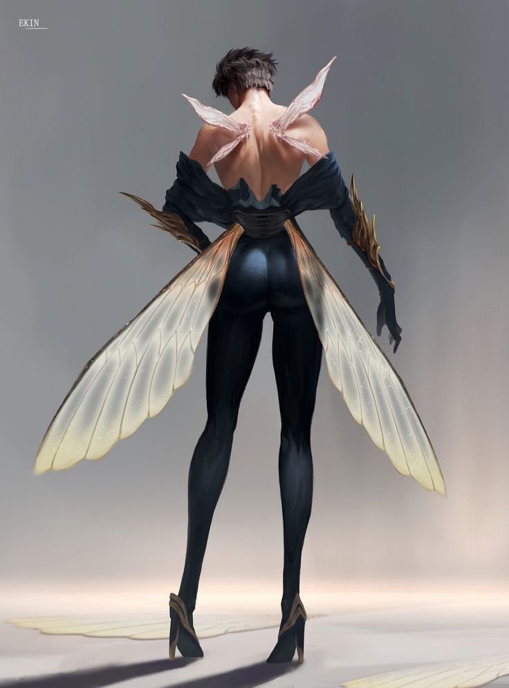 a woman dressed in black and white with wings on her back