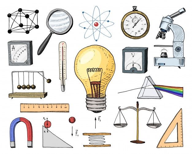 an image of various objects that can be used to represent science or math skills stock illustration