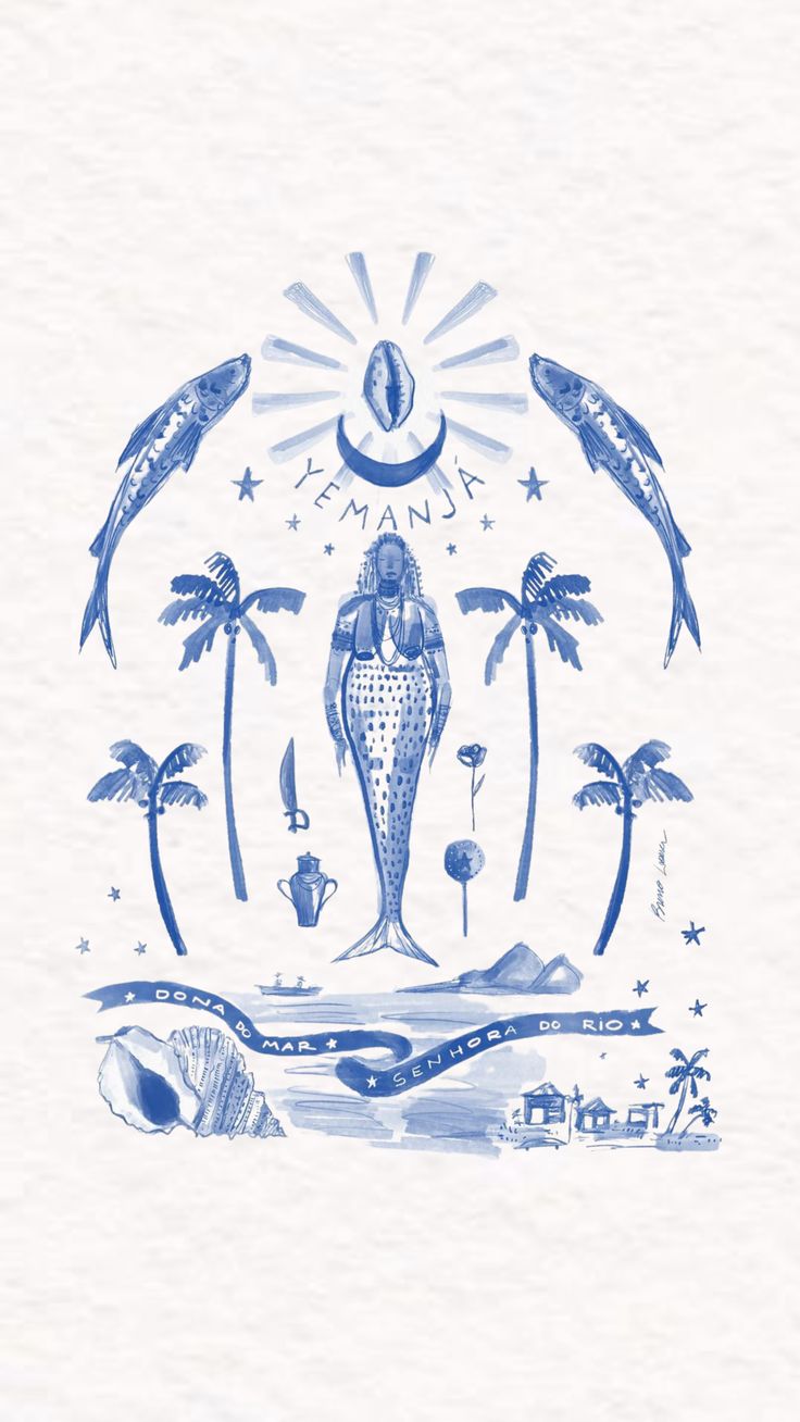 a blue and white tile with an image of a woman in the ocean surrounded by palm trees