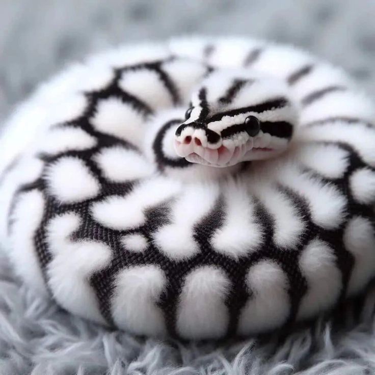 a small black and white snake curled up in a ball