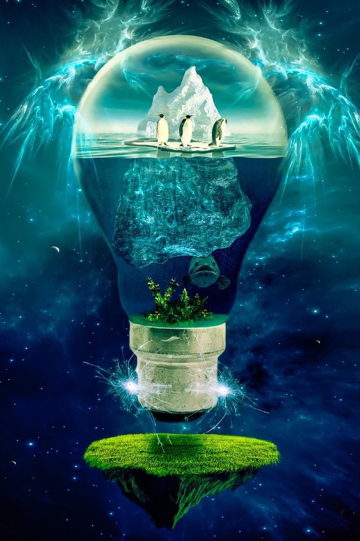 an image of a light bulb with icebergs floating in it and water around it