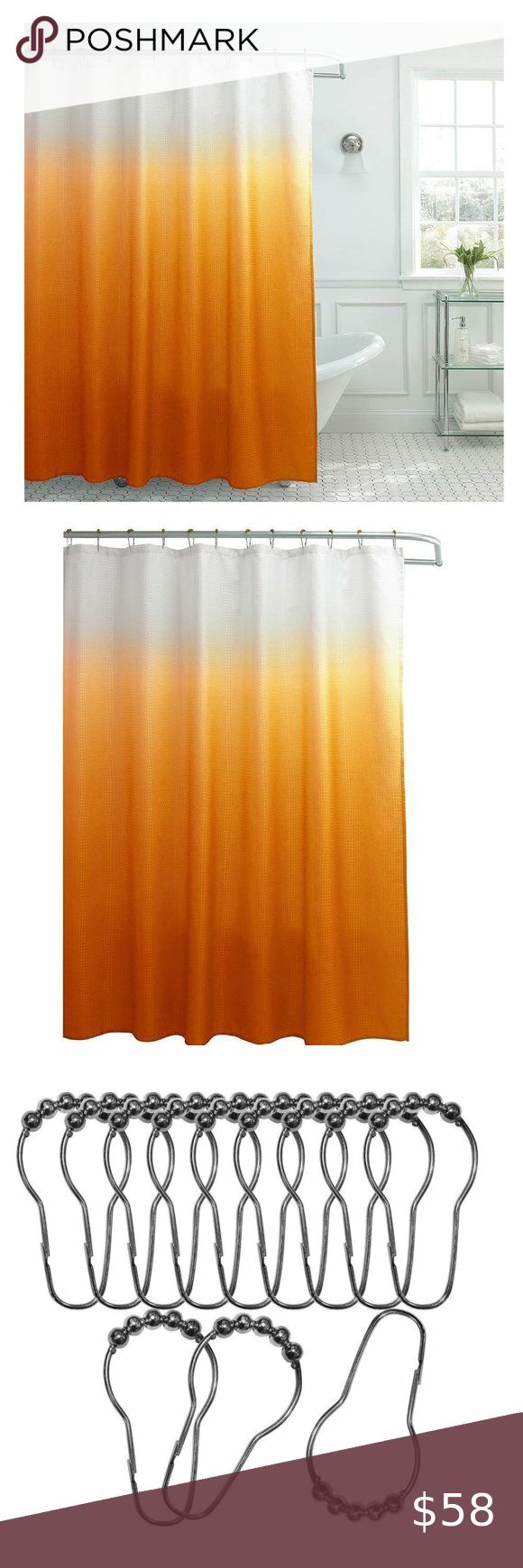 Set of 1 Shower Curtain & 12 Metal Hooks | Rust Resistant Orange Shower Rings, The Fade, Shower Hooks, Shower Curtain Rods, Shower Curtain Set, Textured Design, Curtain Sets, Shower Curtain Sets, Metal Hooks