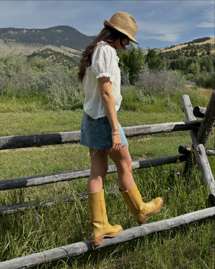 last bits of summer🌼🪵🌲     Boots are called 14L Campus boot by Frye #montana #westernwear #jeanskirt Fyre Campus Boots Outfit, Frye Campus Banana Boots Outfit, Frye Campus Banana Boots, Styling Frye Boots, Frye Campus Banana Outfit, Campus Frye Boots, Fry Boots Outfit, Banana Frye Boots Outfit, Frye Boots Outfit How To Wear