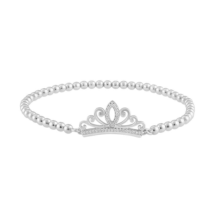 A stunning diamond bracelet that can harness your inner power and make you shine like a true princess. This Enchanted Disney Fine Jewelry Majestic Princess Bracelet features sterling silver beads and a tiara-shaped charm with 1/10 carat total weight of brilliant diamonds. Its smart, stylish, and luxurious design will lend a sophisticated finish to your outfits. Presented in an elegant gift box, this fine piece of jewelry would make a fantastic gift for yourself. Disney Princess Jewelry, Princess Bracelet, Enchanted Disney, Enchanted Disney Fine Jewelry, Disney Fine Jewelry, Designer Diamond Jewellery, Princess Jewelry, Jewelry Roll, Bridal Jewelry Collection