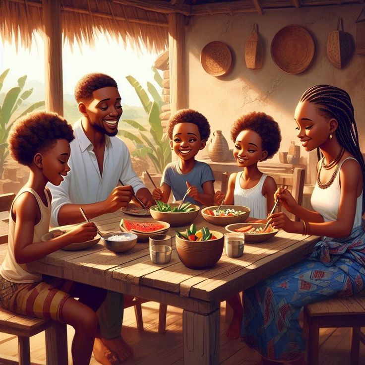 a family sitting around a table eating food