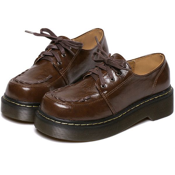 Brown Vintage Thick-soled Round Toe Flats ($47) ❤ liked on Polyvore featuring shoes, flats, patent leather shoes, vintage flats, brown flats, vintage flat shoes and lace up flats Sepatu Platform, Brown Flat Shoes, Mode Hippie, Dr Shoes, Vintage Flats, Lace Up Flats, Brown Flats, Shoe Inspo, Patent Leather Shoes