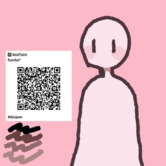 a drawing of a person standing next to a qr code on a pink background