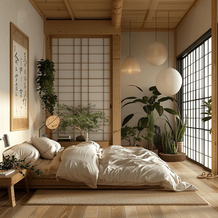 a bedroom with wood flooring and white bedding, plants on the side wall