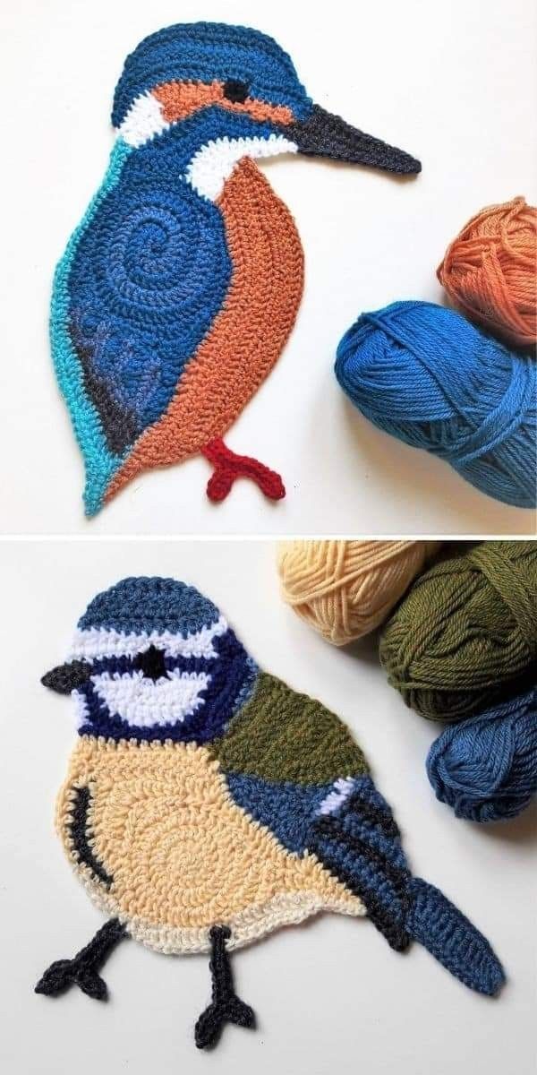 crocheted bird and ball of yarn sitting next to each other