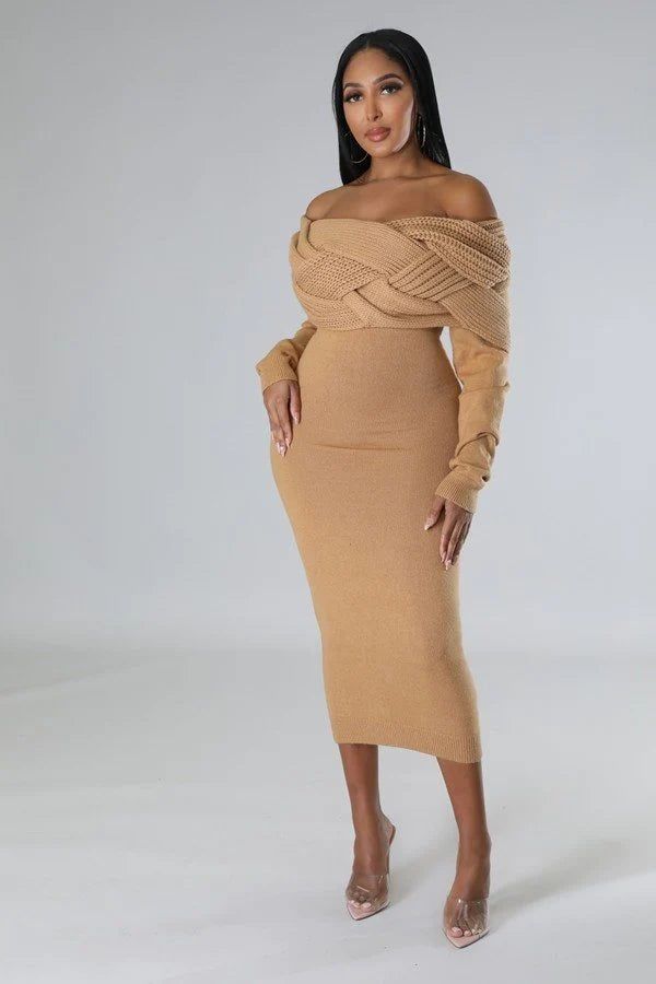 The Sasha dress is a long sleeved midi length, stretch dress featuring braided off the shoulder detailing. Dres has No closure. Model is wearing a small. Height: 5.5”, Waist: 27”, Hips: 42” 60% Cotton, 40%Acrylic Nude Color Dress, Dress Off Shoulder Long, Modesty Outfits, Classy Winter Outfits, Dresses Casual Fall, Evening Gowns Elegant, No Closure, Winter Outfit Inspiration, Fashionista Clothes