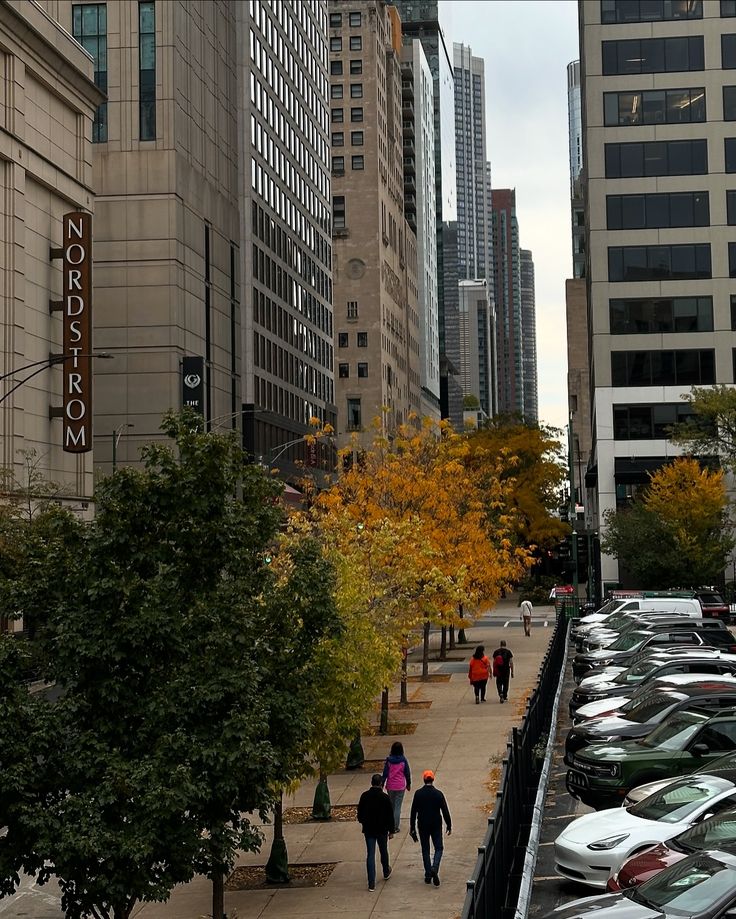 two people walking down a sidewalk next to parked cars and tall buildings in the background