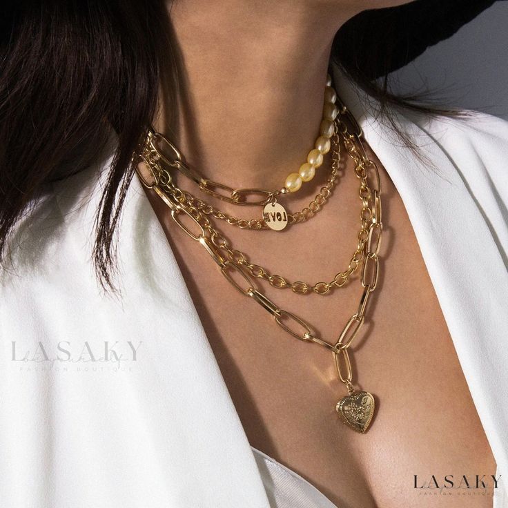 Lasaky - Vintage Chic Layered Necklace Pearl Chain Necklace, Chunky Chain Necklaces, Multi Layer Necklace, Heart Pendant Gold, Retro Mode, Neck Jewellery, Couple Jewelry, Pearl Choker Necklace, Heart Shape Pendant