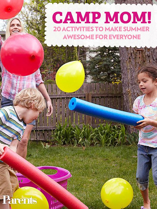 two children playing with toys in the yard, and an advertisement for camp mom written on it