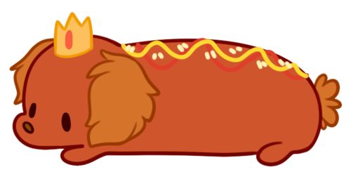 a drawing of a hot dog with a crown on it's head laying down