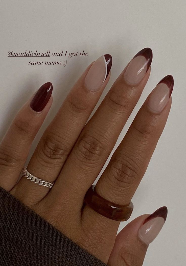 Fall Inspo Nails Almond Shape, Nail Inspo Coffin Brown, Different Coloured French Tips, Burgundy Nail Tips, Fall Nails Almond French Tip, Brown French Tip Nail Designs, French Tip Nails With Design Fall, French Tips Burgundy, Mail Designs Simple