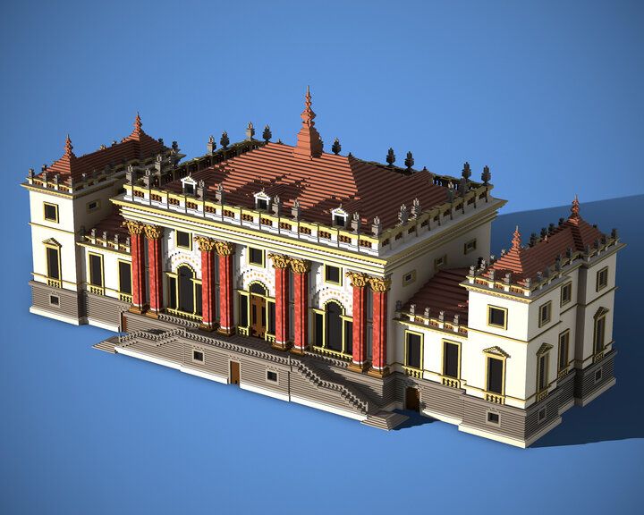 an architectural model of a building with red and gold trimmings on the roof