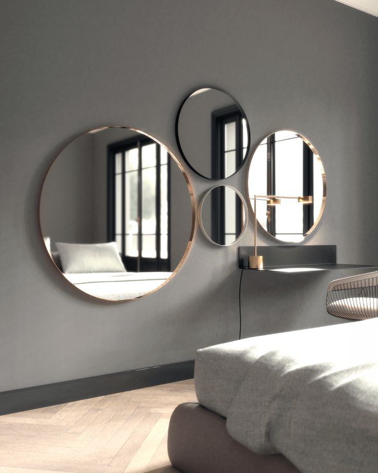 Mirror wall in bedroom Round Mirror On Wall Living Room, Mirrors For Hallway, Two Round Mirrors On Wall, Round Mirror Decor Ideas Bedrooms, Round Mirror Wall Decor Living Room, Hallway Wall Decor Mirrors, Circle Mirrors On Wall Living Room, Three Mirrors On Wall Ideas, Round Mirrors On Wall