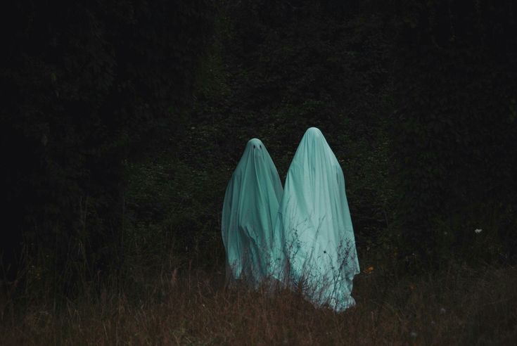 two ghostly figures standing in tall grass at night