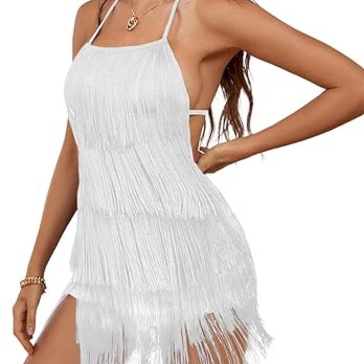 Women's Sexy Fringe Halter Waist Tie Back Sleeveless Romper Jumpsuit Playsuits Size L .New Without Tag. Fabric Type95% Polyester, 5% Spandex Care Instructionshand Wash Or Machine Wash. Do Not Bleach. Originimported Closure Typepull On About This Item Sexy Fringe Rompers For Women, Halter, Spaghetti Strap, Backless, Tassel Hem, Strappy High Waist Short Jumpsuit Are Soft And Comfortable Fabric. Above Knee Length. The Fringe Backless Sleeveless Jumpsuit Perfect To Show Your Bodyline, Must Make You Latin Dance Dresses Costumes, Estilo Charleston, Surprise Dance Outfits, Fringe Dresses, White Fringe Dress, Cowgirl Outfits For Women, Quince Planning, Fringe Romper, Cocktail Dress White