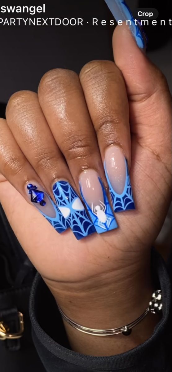 Royal Blue Black And White Nails, Aqua Nails Design Ideas Short, Navy Blue Birthday Nails, Acrylic Nails Square Blue, Blue And Black Nails Acrylic, Royal Blue Hoco Nails, Royal Blue And Black Nails, Black And Blue Nail Designs, Blue Short Nails Ideas