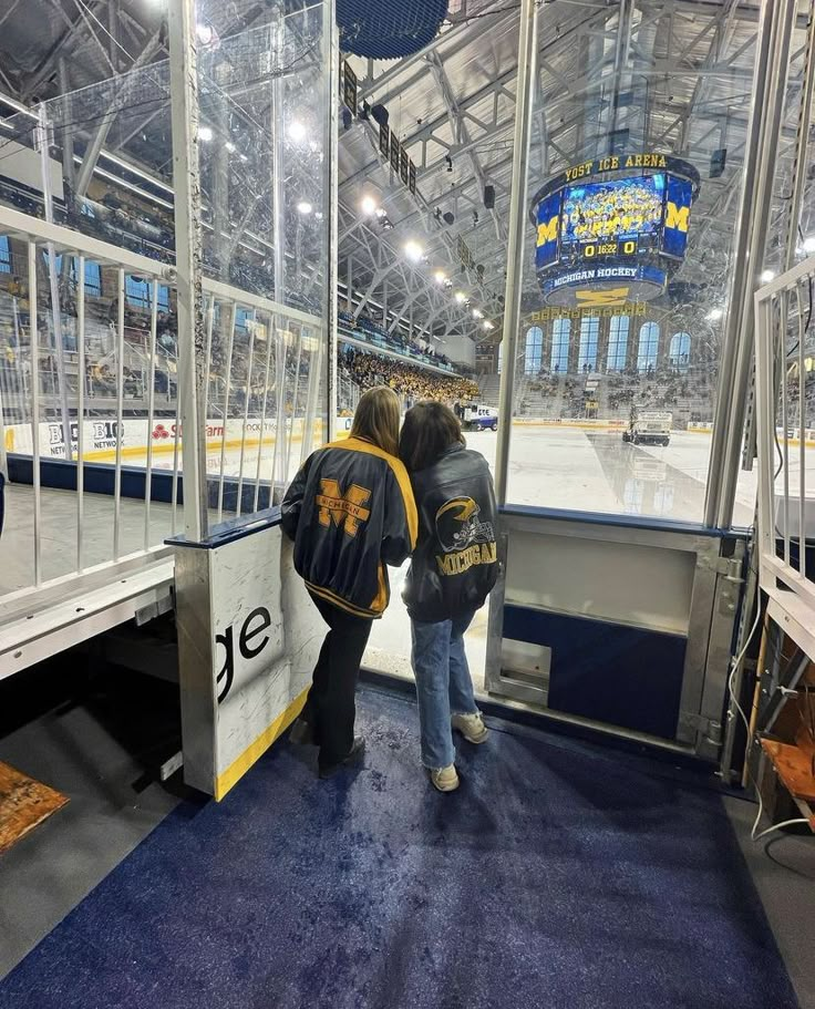 two people are standing in front of the ice rink at an indoor hockey game,