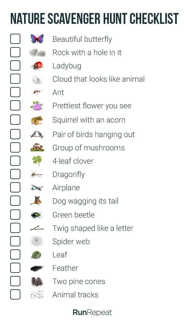 the nature scavenger hunt checklist is filled with animals, plants and insects