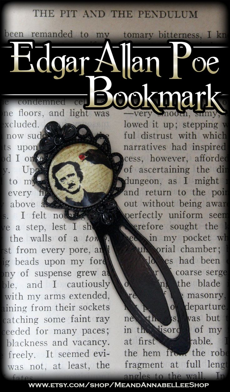 the edgar allen poe bookmark is shown on top of an open book with black trim