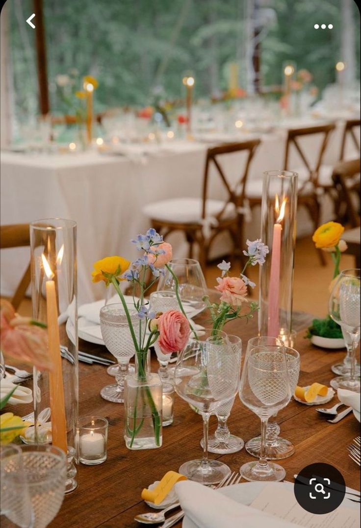 Wedding Tables With Food, Wildflower Wedding Ceremony Altars, Wedding Flowers Garden Party, Candles In Votives Wedding, Farm Table Wedding Decor Bud Vases, Mismatched Napkins Wedding, Single Flowers In Vases Wedding, Bud Vase Runner Wedding, Colored Candle Sticks Wedding