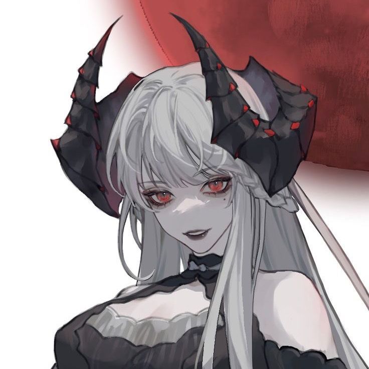 an anime character with long white hair and horns on her head holding a red flag