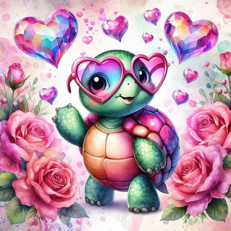 a painting of a turtle with heart shaped sunglasses and pink roses in front of it