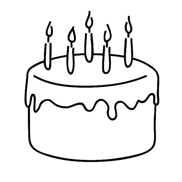 a black and white drawing of a birthday cake with lit candles on it's top