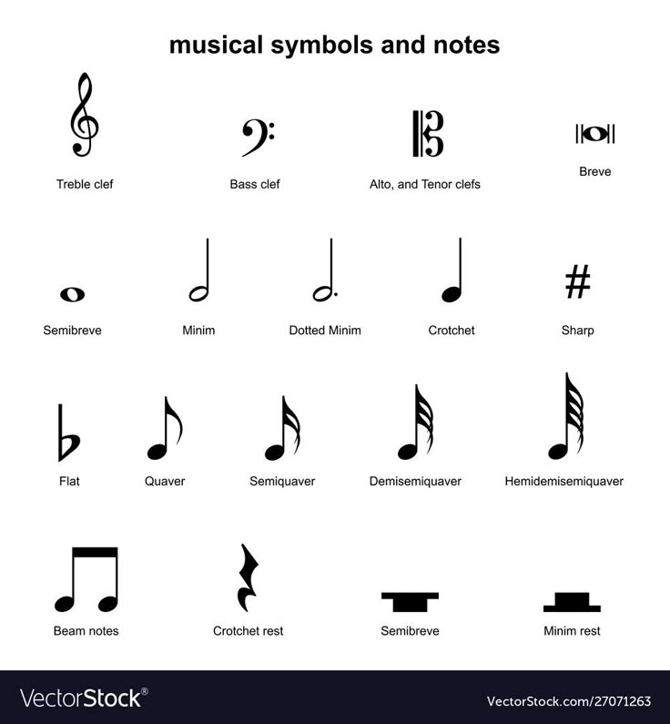 musical symbols and notes on white background