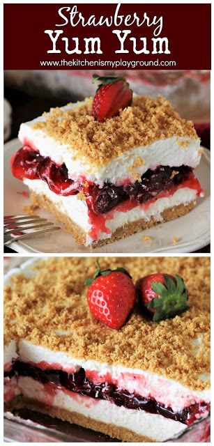 the dessert is made with fresh strawberries and whipped cream, then topped with crumbs