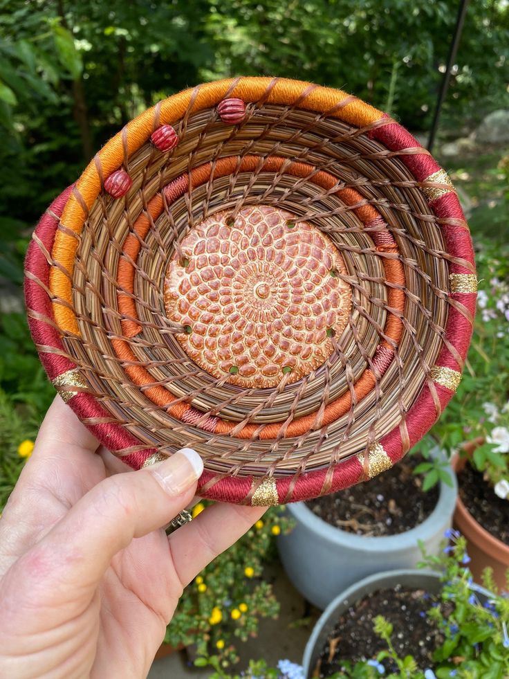 a person holding up a woven basket in front of some potted plants and flowers