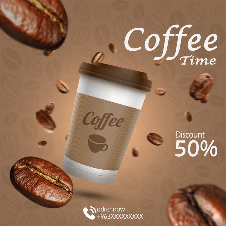 a coffee cup with the words coffee time discount 50 % off on it surrounded by coffee beans