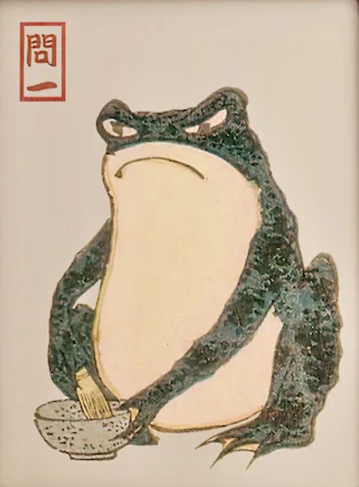 a frog sitting on the ground with a bowl in it's paws and holding a spoon