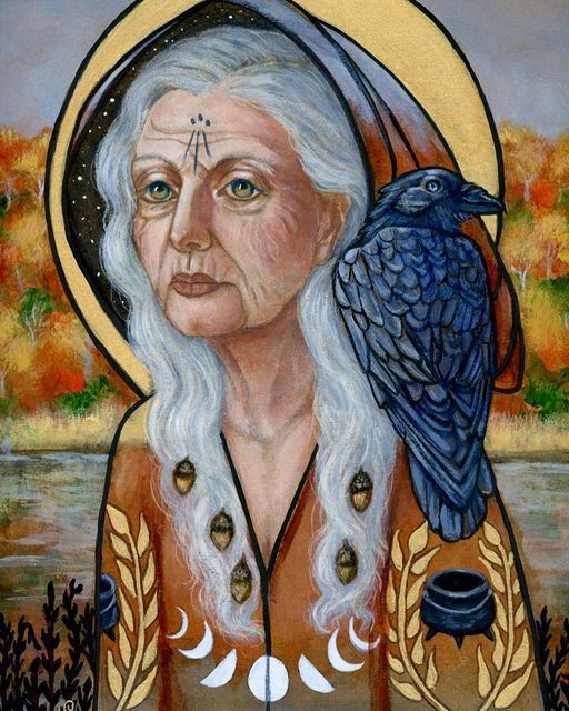 an old woman with white hair and a blue bird on her shoulder is depicted in this painting