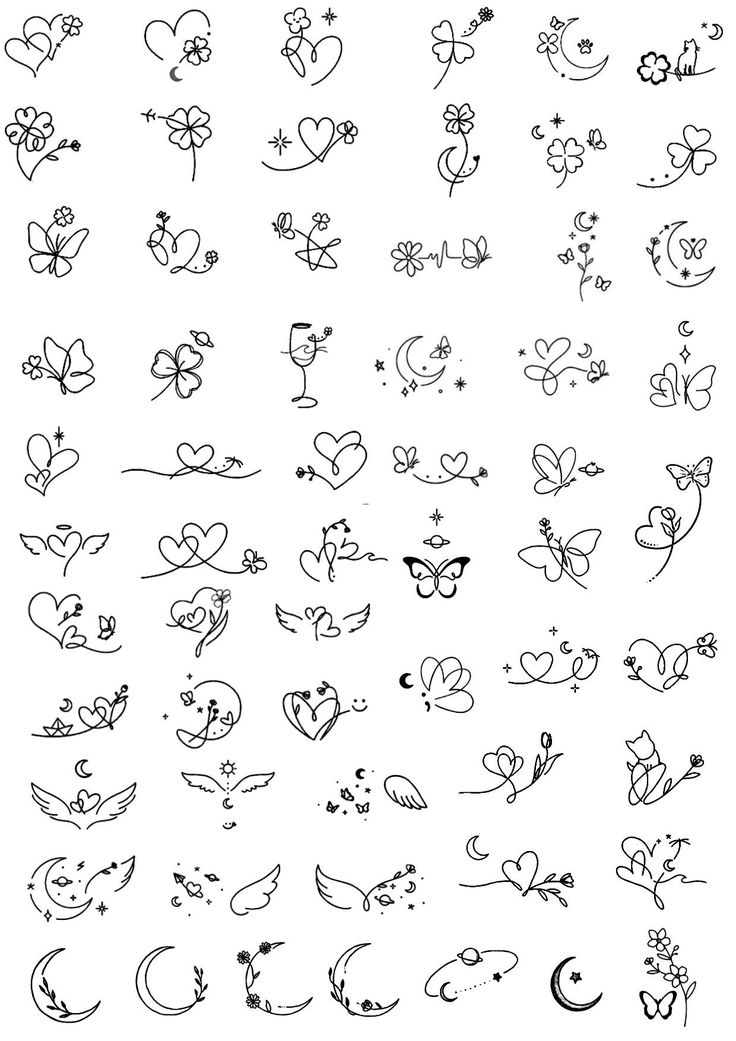 the different kinds of hearts and flowers are drawn in black ink on white paper,