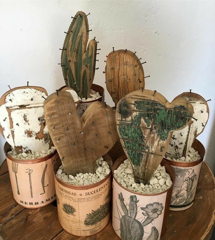 several cacti in pots on a wooden table