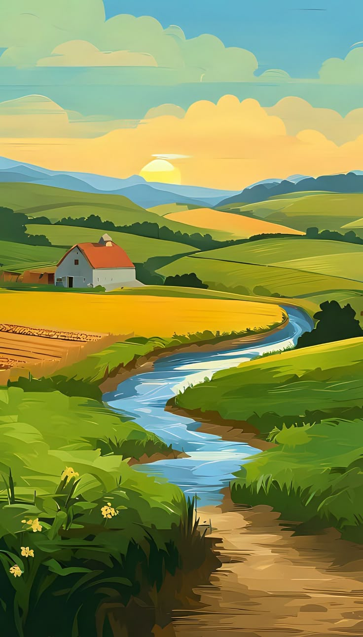 a painting of a rural landscape with a river running through it