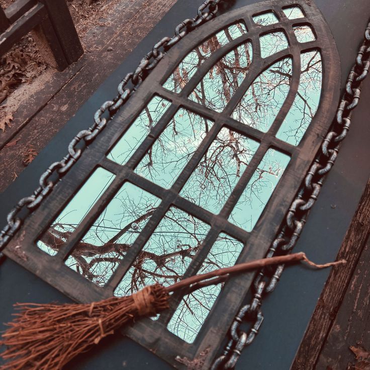 an old window with a tassel hanging from it's side and a tree reflected in the windows